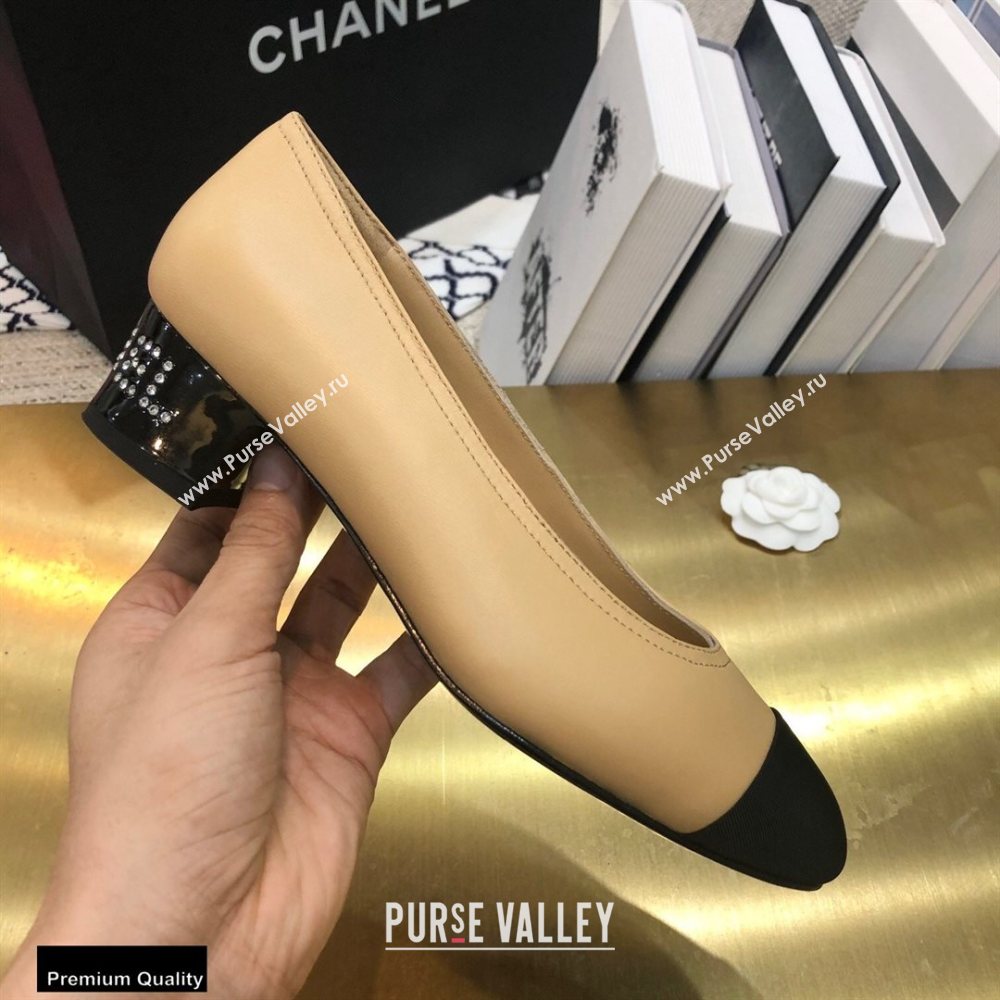 Chanel Crystal Logo Heel 3.5cm Pumps Beige 2020 (modeng-20092310)