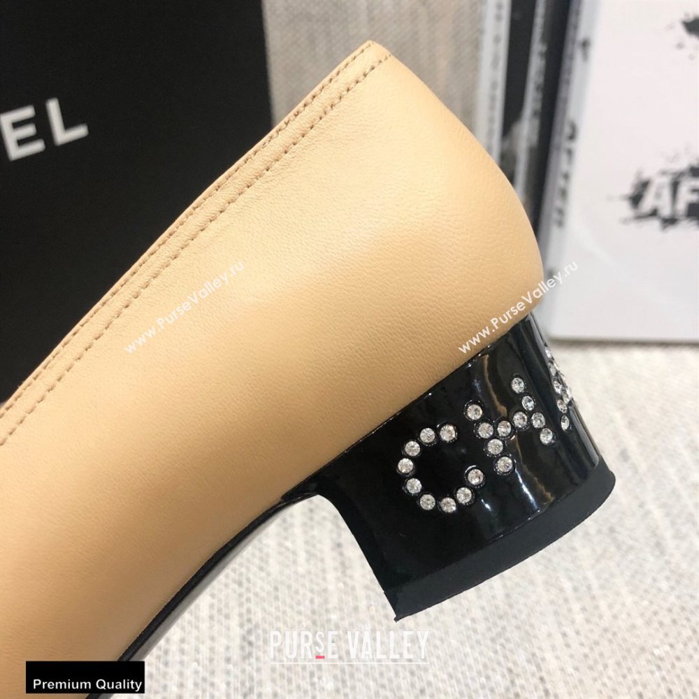 Chanel Crystal Logo Heel 3.5cm Pumps Beige 2020 (modeng-20092310)