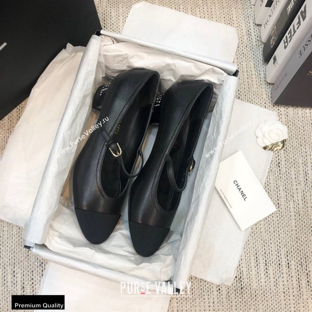Chanel Crystal Logo Heel 3.5cm Pumps with Strap Black 2020 (modeng-20092311)