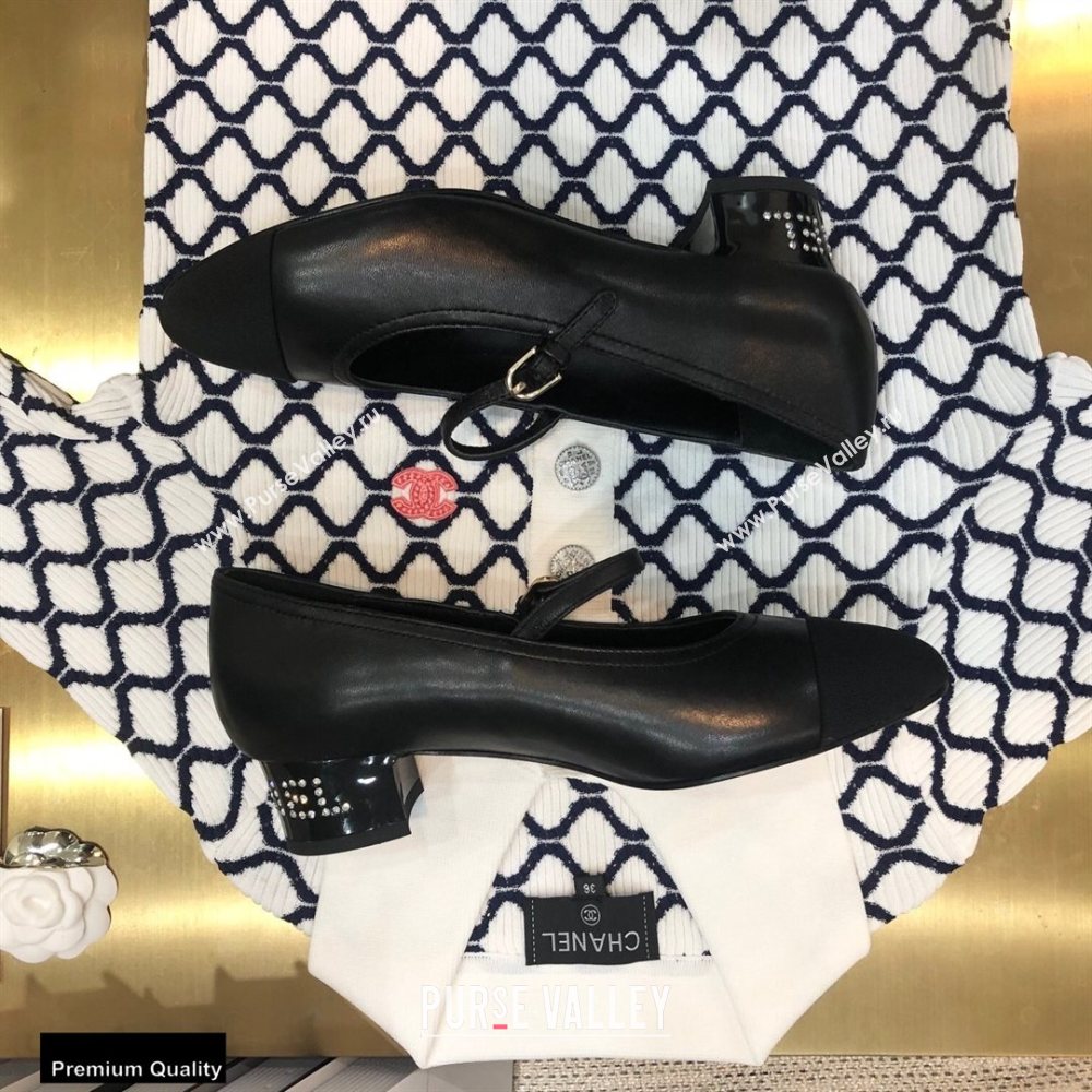 Chanel Crystal Logo Heel 3.5cm Pumps with Strap Black 2020 (modeng-20092311)