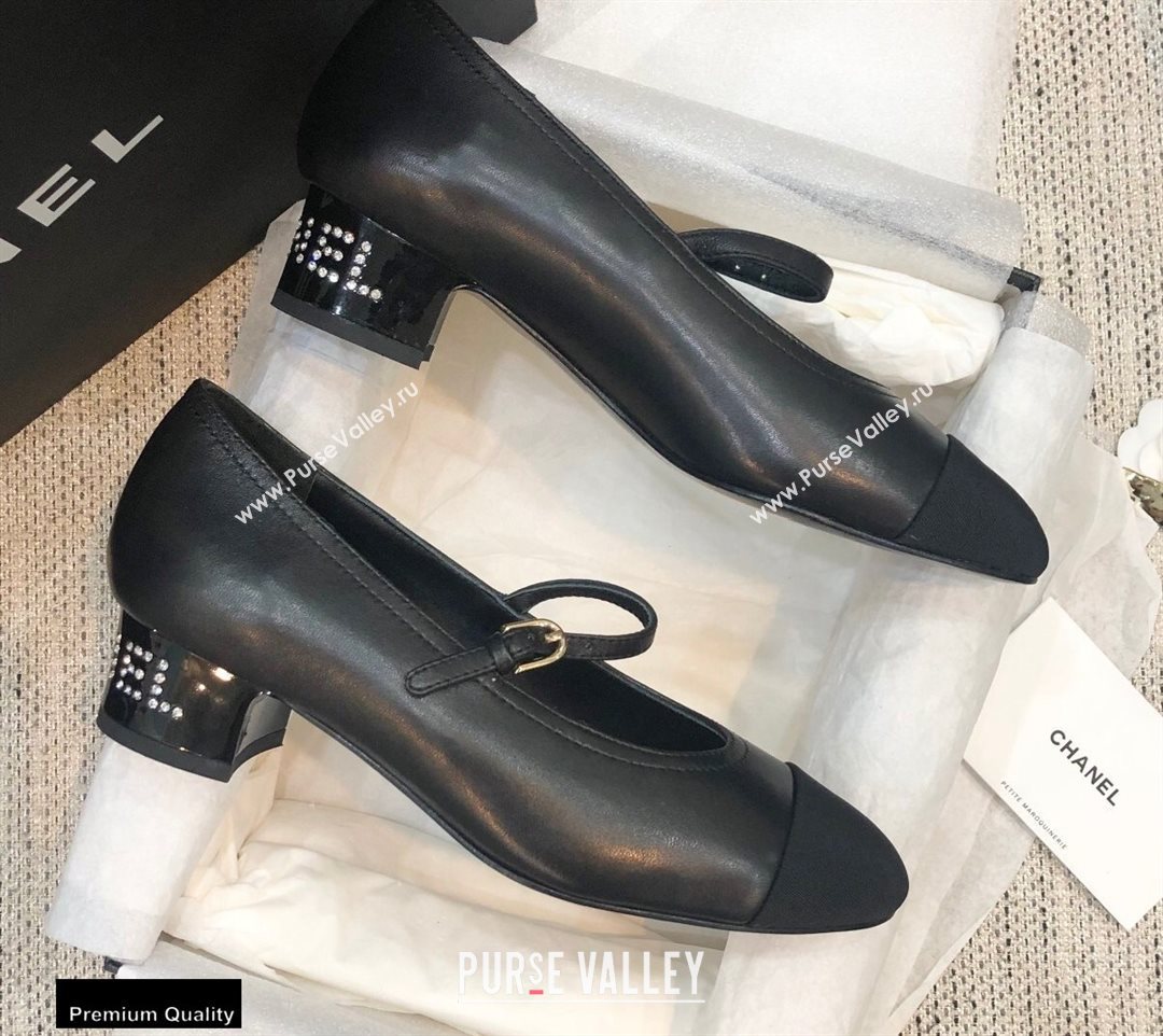 Chanel Crystal Logo Heel 3.5cm Pumps with Strap Black 2020 (modeng-20092311)