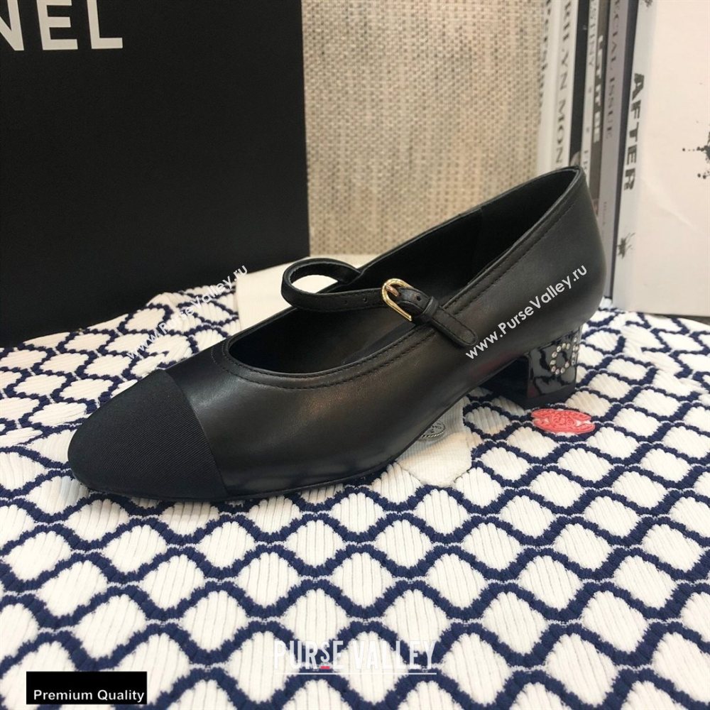 Chanel Crystal Logo Heel 3.5cm Pumps with Strap Black 2020 (modeng-20092311)