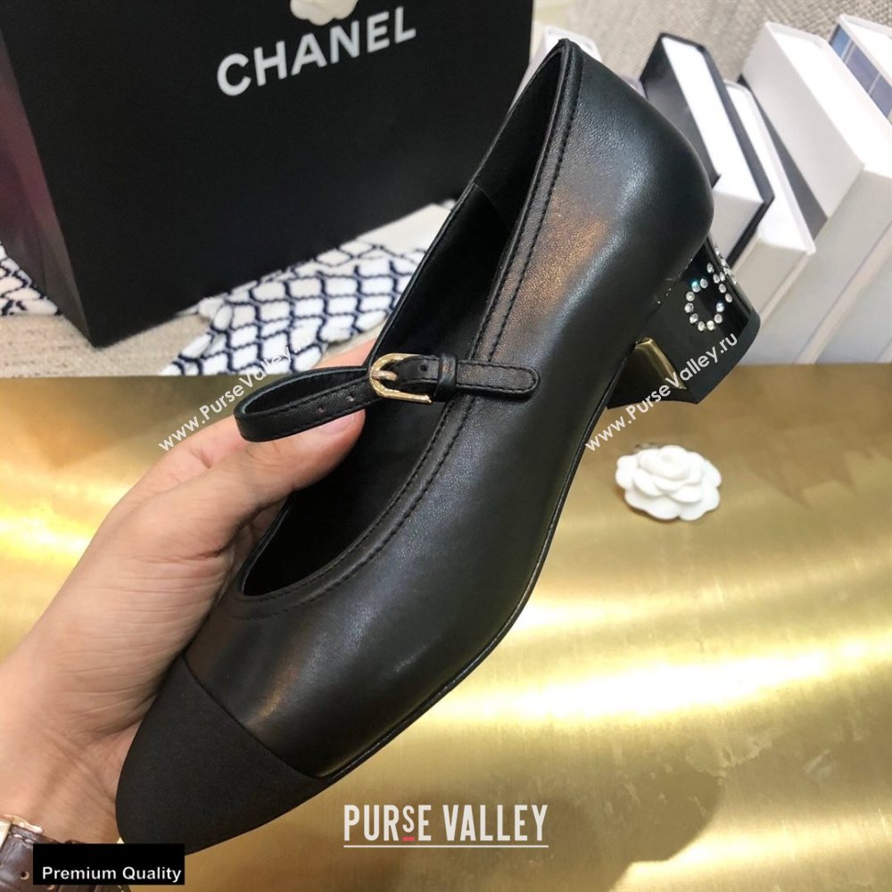 Chanel Crystal Logo Heel 3.5cm Pumps with Strap Black 2020 (modeng-20092311)