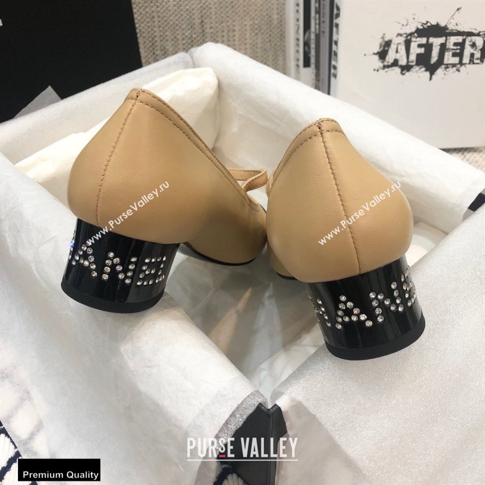 Chanel Crystal Logo Heel 3.5cm Pumps with Strap Beige 2020 (modeng-20092312)