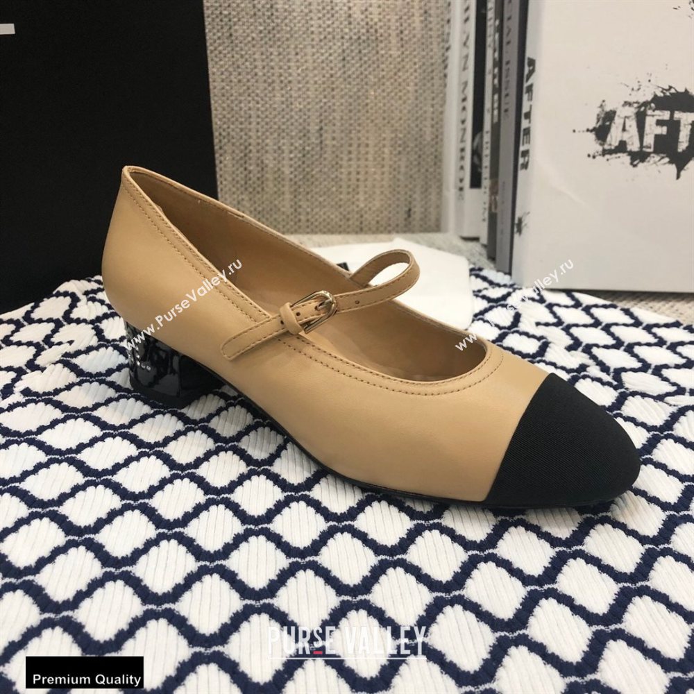 Chanel Crystal Logo Heel 3.5cm Pumps with Strap Beige 2020 (modeng-20092312)