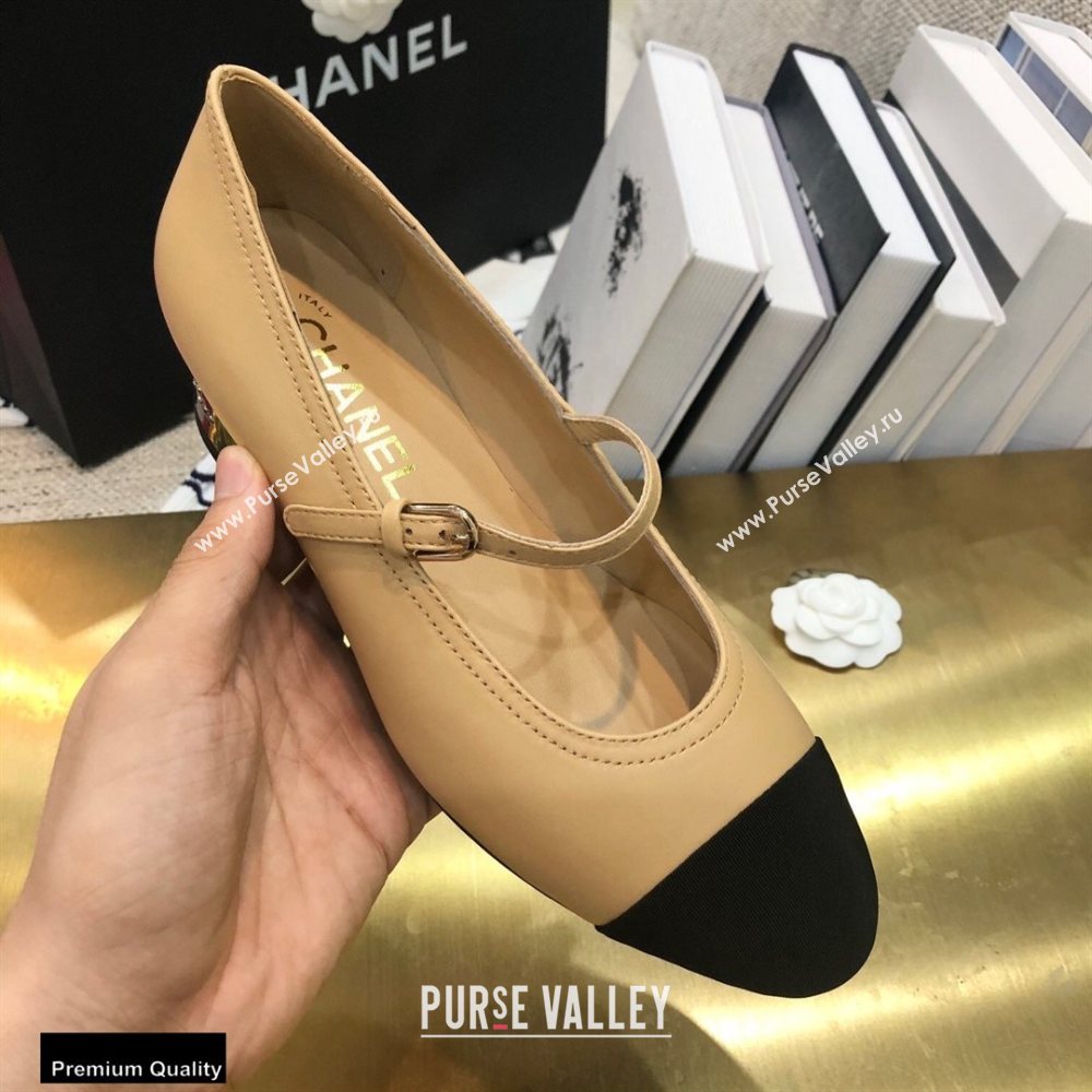 Chanel Crystal Logo Heel 3.5cm Pumps with Strap Beige 2020 (modeng-20092312)