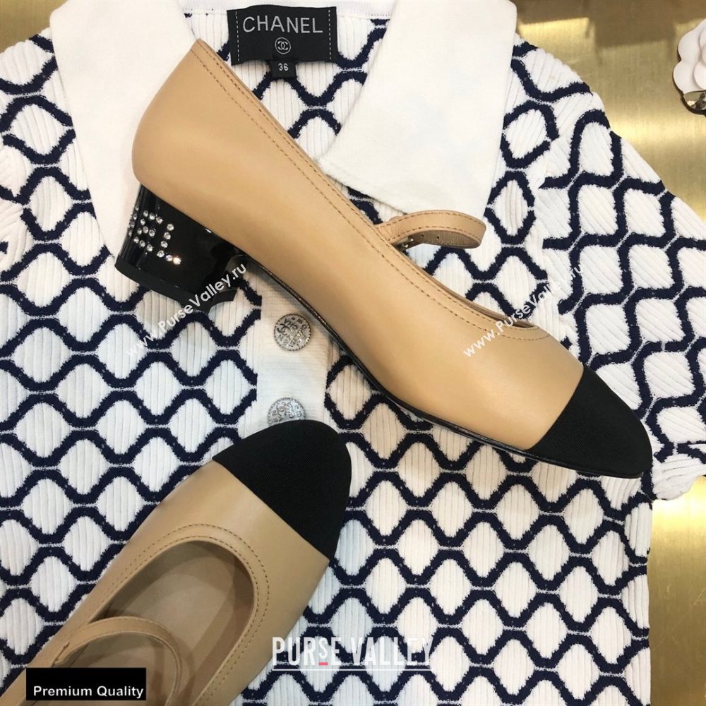 Chanel Crystal Logo Heel 3.5cm Pumps with Strap Beige 2020 (modeng-20092312)
