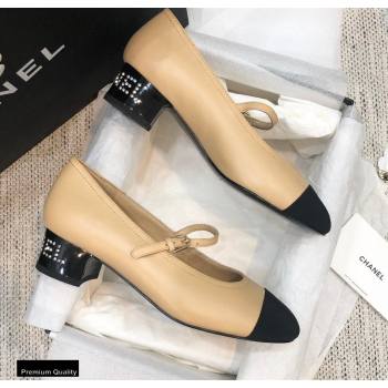 Chanel Crystal Logo Heel 3.5cm Pumps with Strap Beige 2020 (modeng-20092312)