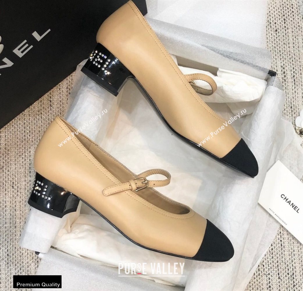 Chanel Crystal Logo Heel 3.5cm Pumps with Strap Beige 2020 (modeng-20092312)