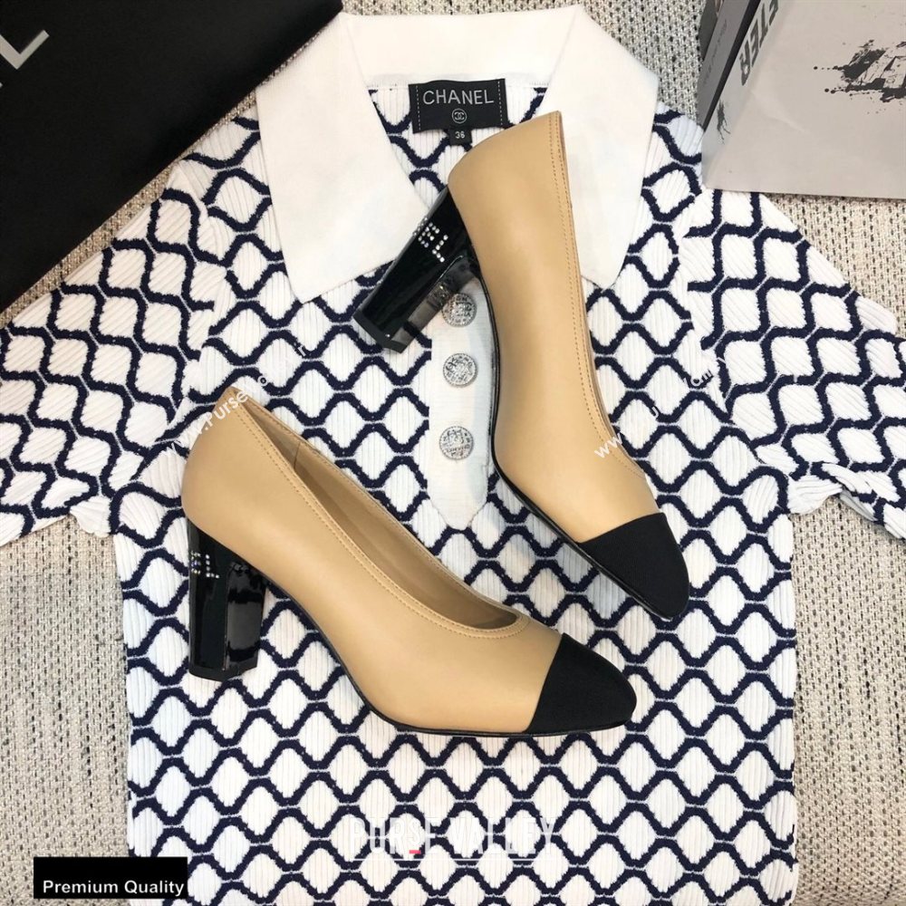 Chanel Crystal Logo Heel 8.5cm Pumps Beige 2020 (modeng-20092308)