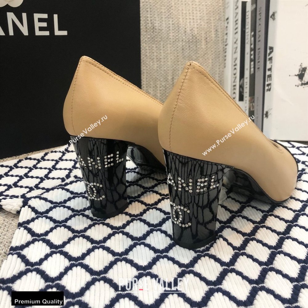 Chanel Crystal Logo Heel 8.5cm Pumps Beige 2020 (modeng-20092308)