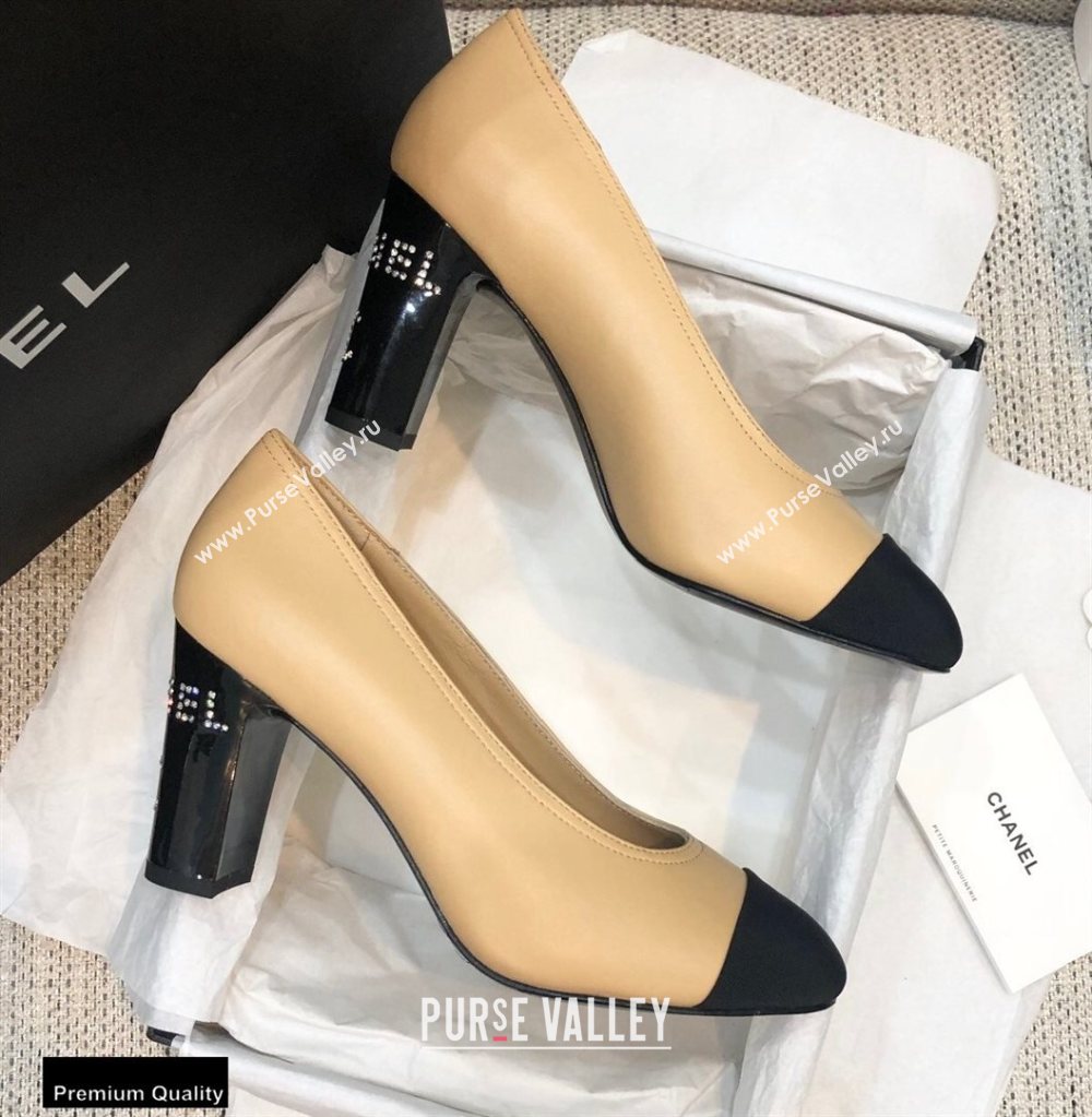 Chanel Crystal Logo Heel 8.5cm Pumps Beige 2020 (modeng-20092308)