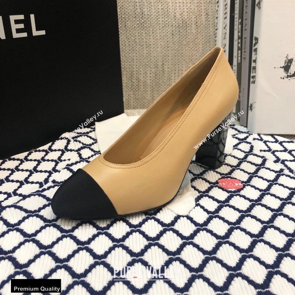 Chanel Crystal Logo Heel 8.5cm Pumps Beige 2020 (modeng-20092308)