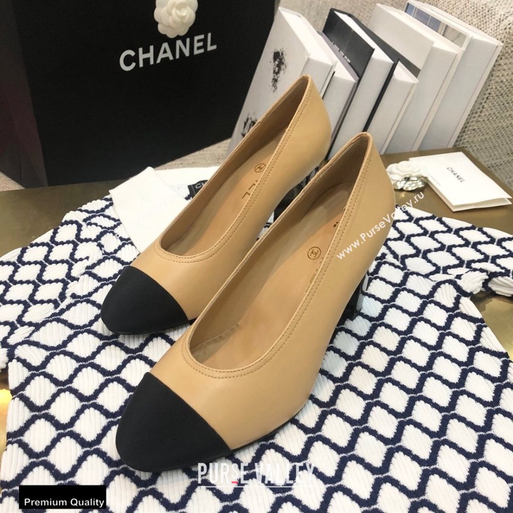 Chanel Crystal Logo Heel 8.5cm Pumps Beige 2020 (modeng-20092308)