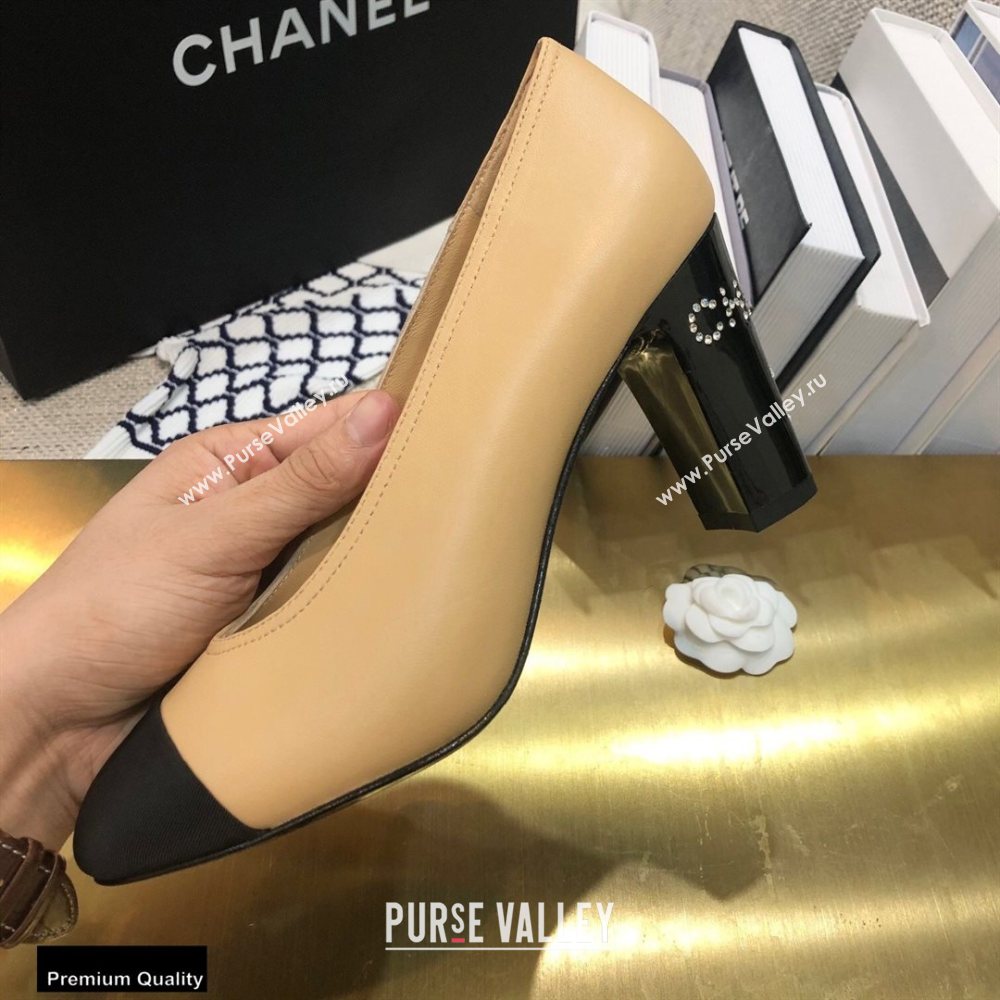 Chanel Crystal Logo Heel 8.5cm Pumps Beige 2020 (modeng-20092308)