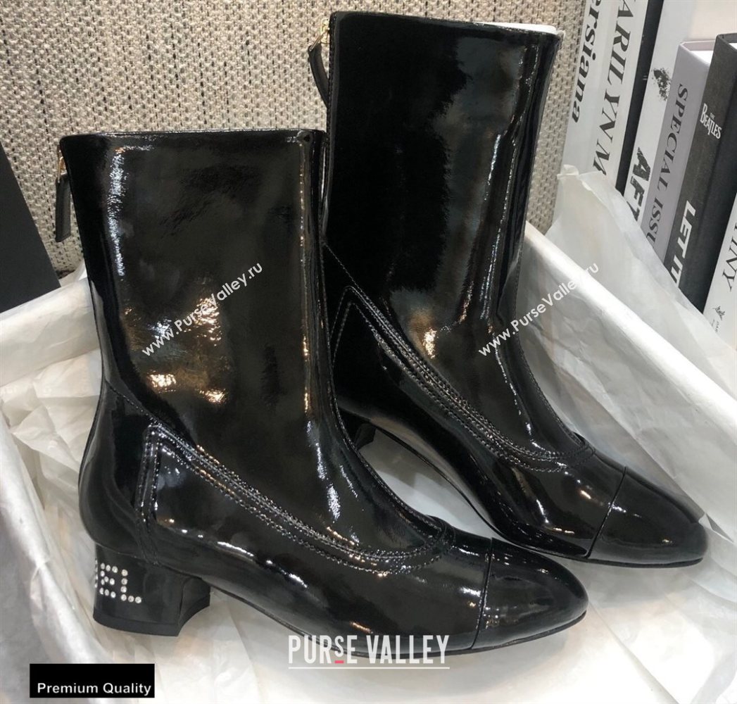 Chanel Crystal Logo Heel 3.5cm Boots Patent Black 2020 (modeng-20092328)