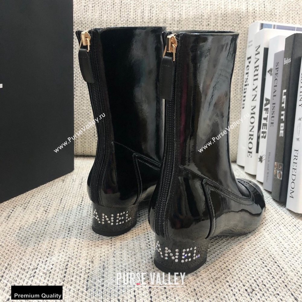 Chanel Crystal Logo Heel 3.5cm Boots Patent Black 2020 (modeng-20092328)