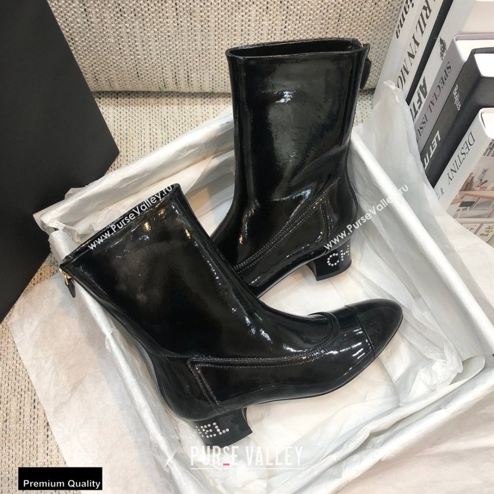Chanel Crystal Logo Heel 3.5cm Boots Patent Black 2020 (modeng-20092328)