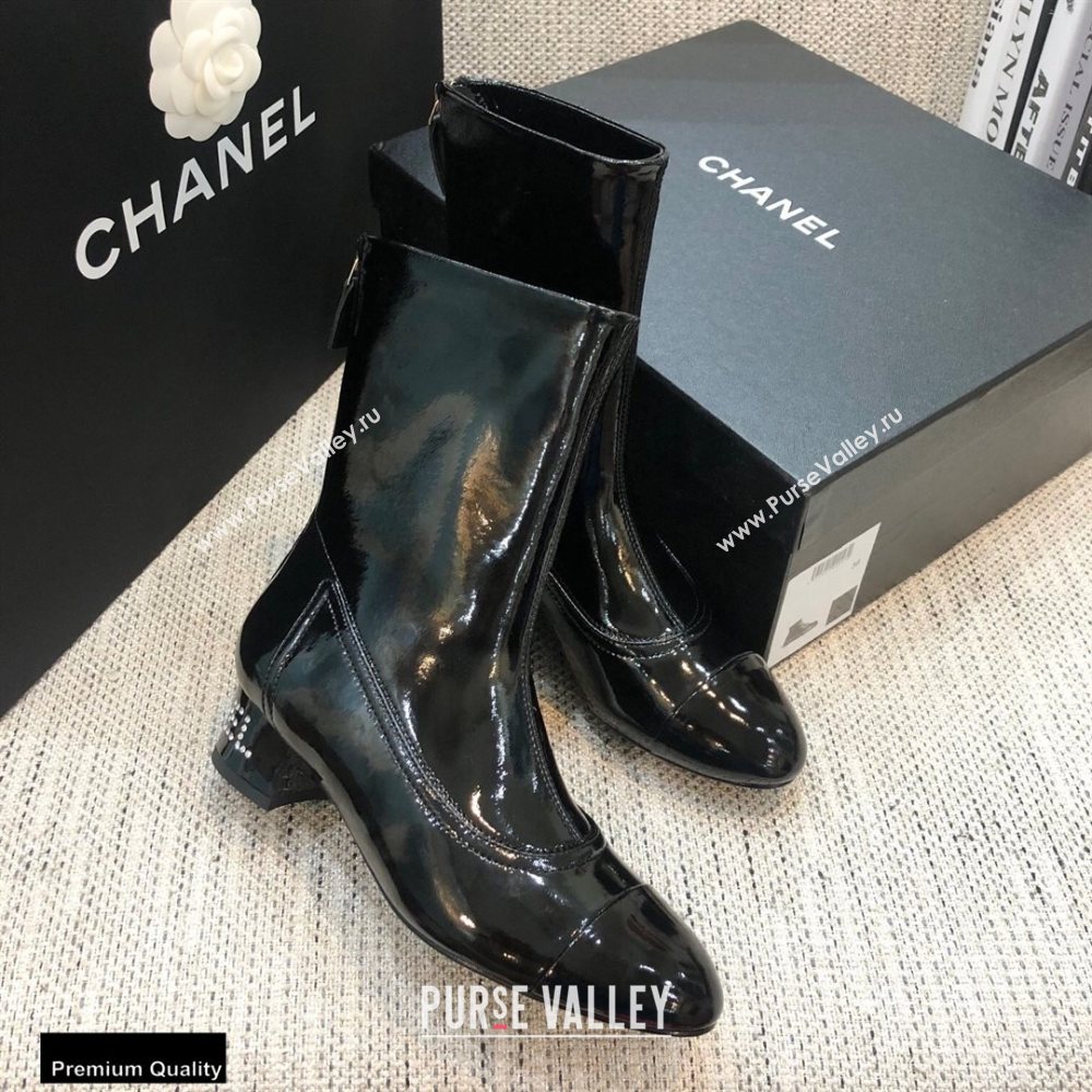 Chanel Crystal Logo Heel 3.5cm Boots Patent Black 2020 (modeng-20092328)
