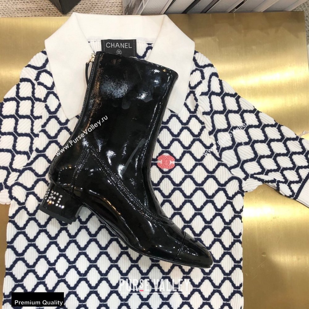 Chanel Crystal Logo Heel 3.5cm Boots Patent Black 2020 (modeng-20092328)