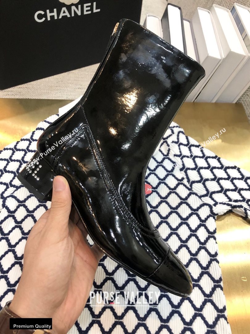 Chanel Crystal Logo Heel 3.5cm Boots Patent Black 2020 (modeng-20092328)