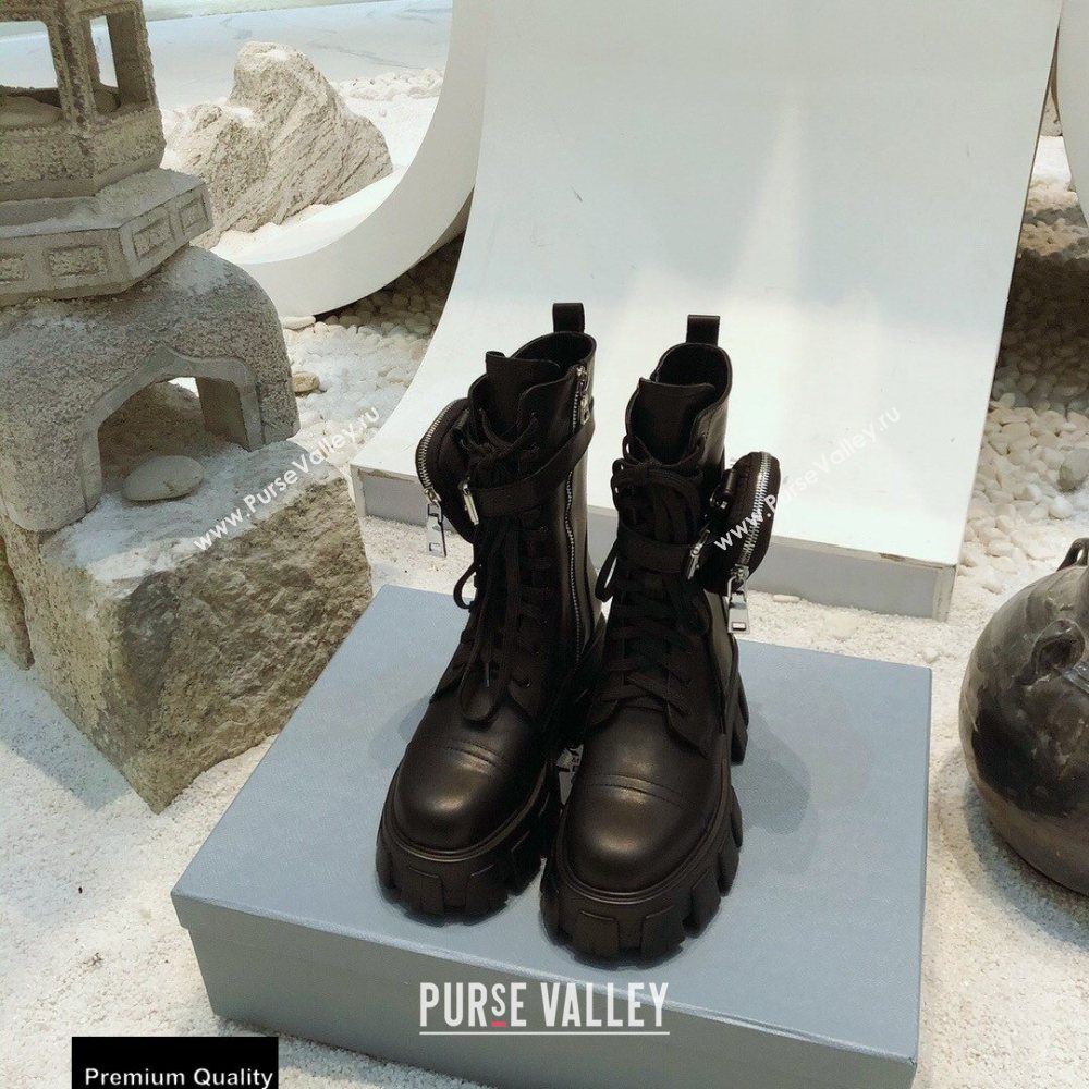 Prada Monolith Calfskin Leather Combat Boots Black with Removable Nylon Pouches 2020 (modeng-20092428)