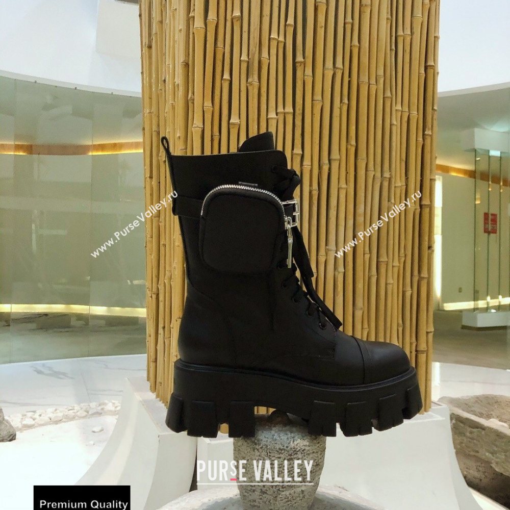 Prada Monolith Calfskin Leather Combat Boots Black with Removable Nylon Pouches 2020 (modeng-20092428)