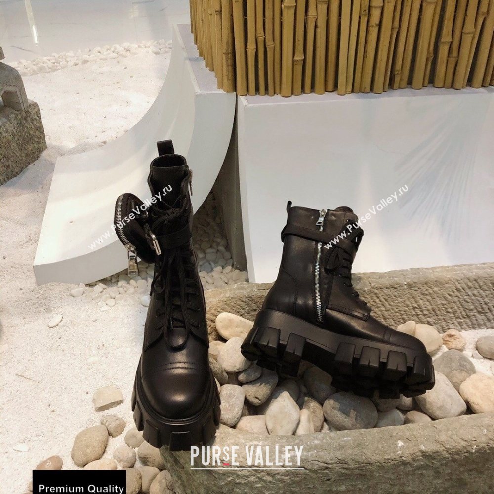 Prada Monolith Calfskin Leather Combat Boots Black with Removable Nylon Pouches 2020 (modeng-20092428)