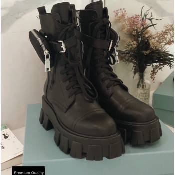 Prada Monolith Calfskin Leather Combat Boots Black with Removable Nylon Pouches 2020 (modeng-20092428)