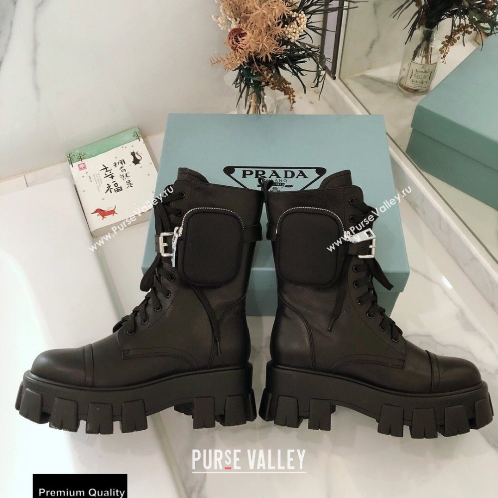 Prada Monolith Calfskin Leather Combat Boots Black with Removable Nylon Pouches 2020 (modeng-20092428)