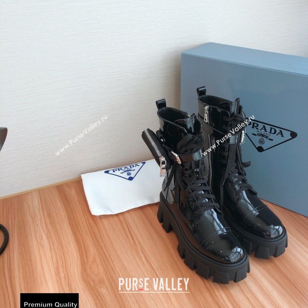 Prada Monolith Patent Leather Combat Boots Black with Removable Nylon Pouches 2020 (modeng-20092429)