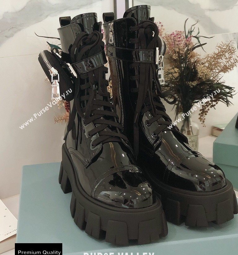 Prada Monolith Patent Leather Combat Boots Black with Removable Nylon Pouches 2020 (modeng-20092429)