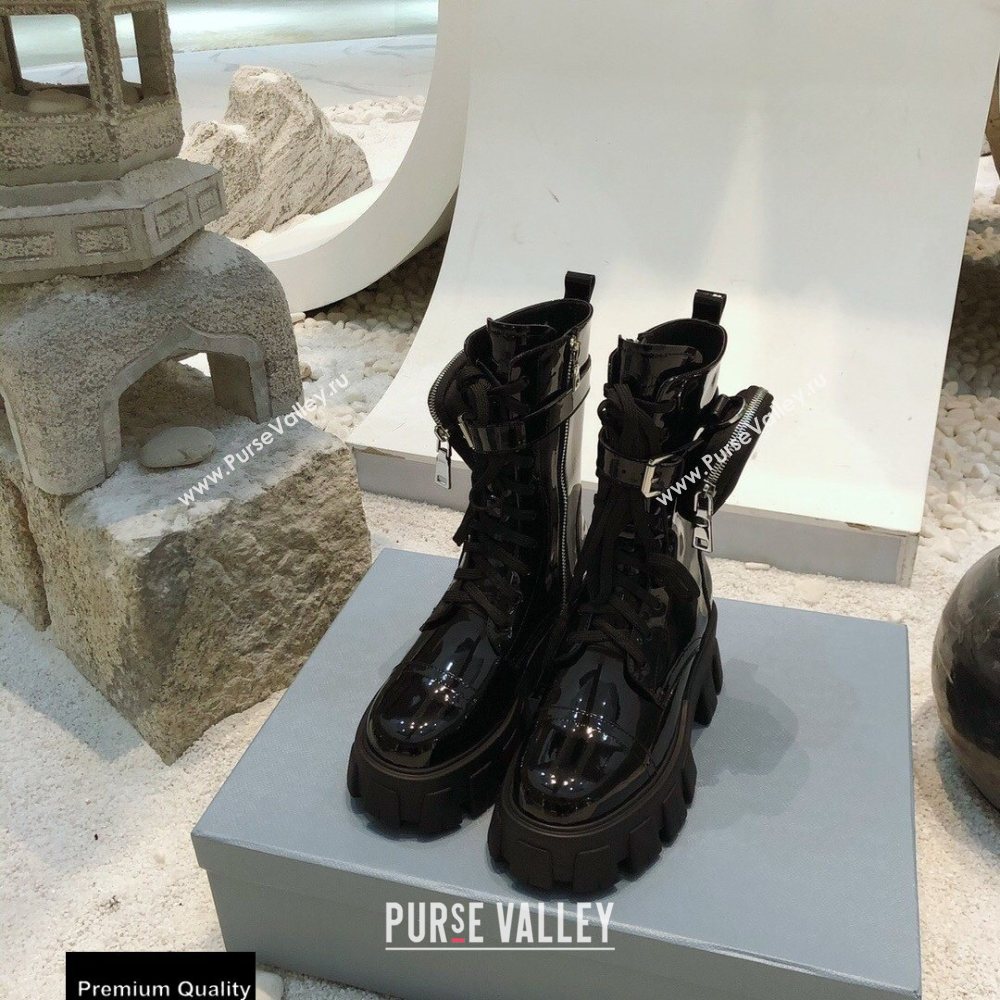 Prada Monolith Patent Leather Combat Boots Black with Removable Nylon Pouches 2020 (modeng-20092429)