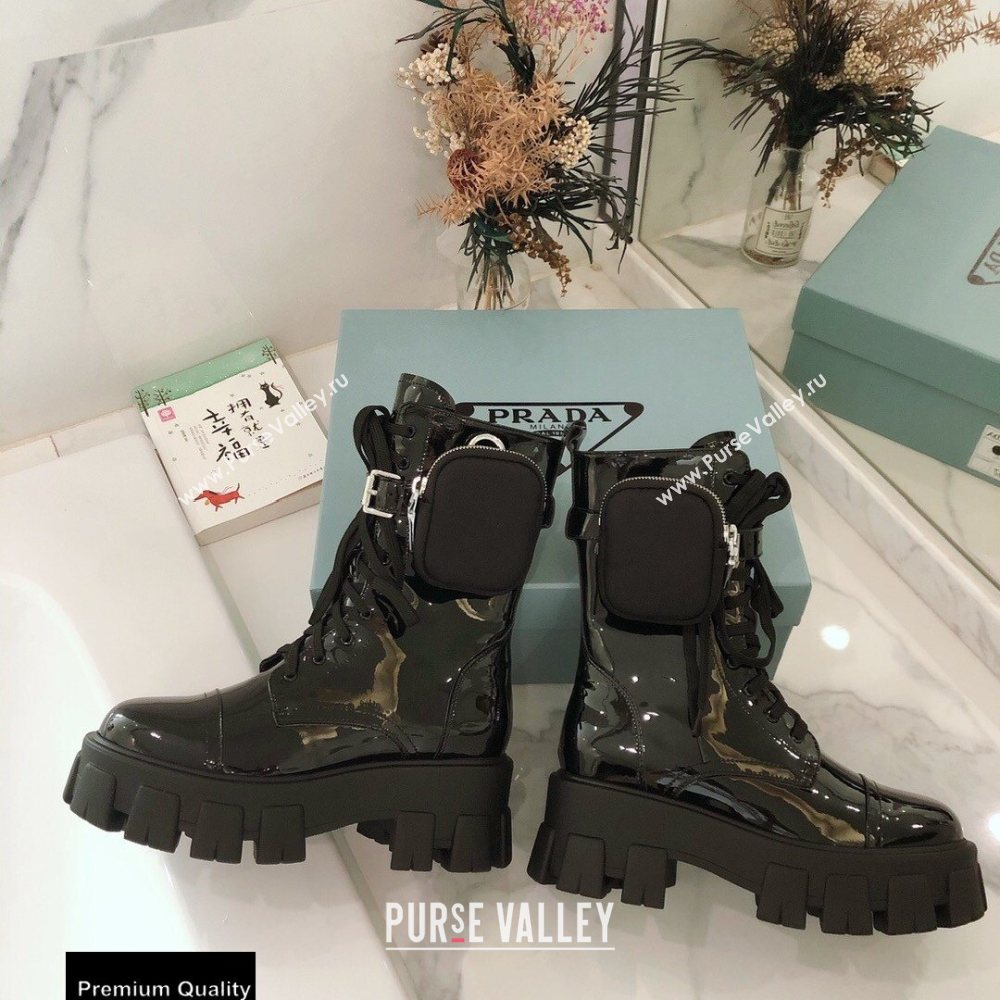 Prada Monolith Patent Leather Combat Boots Black with Removable Nylon Pouches 2020 (modeng-20092429)