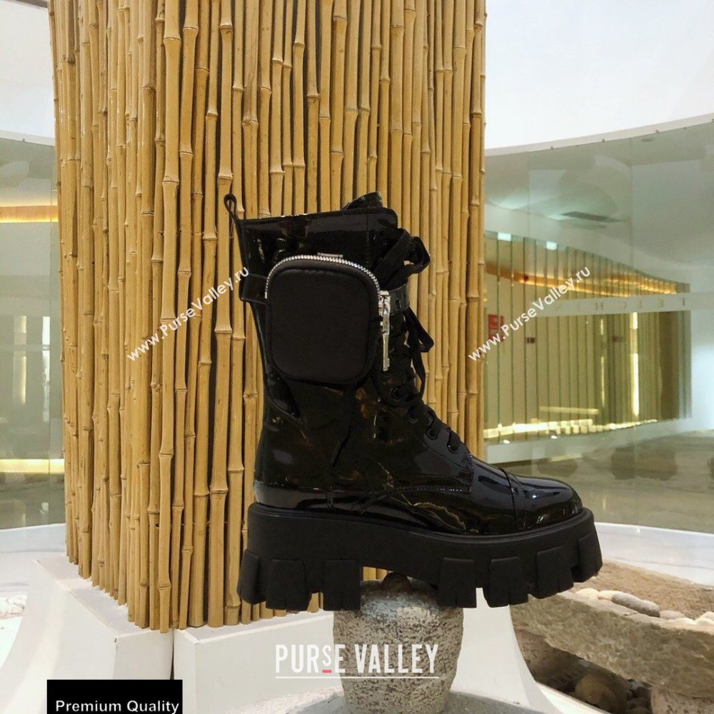 Prada Monolith Patent Leather Combat Boots Black with Removable Nylon Pouches 2020 (modeng-20092429)