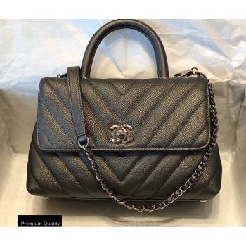 Chanel Caviar Calfskin Coco Handle Chevron Small Flap Bag Pearl Gun Color with Top Handle A92990 7147 (smjd-20092551)