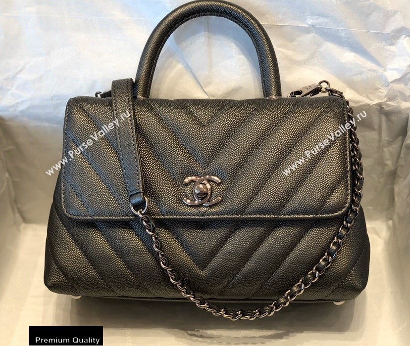 Chanel Caviar Calfskin Coco Handle Chevron Small Flap Bag Pearl Gun Color with Top Handle A92990 7147 (smjd-20092551)