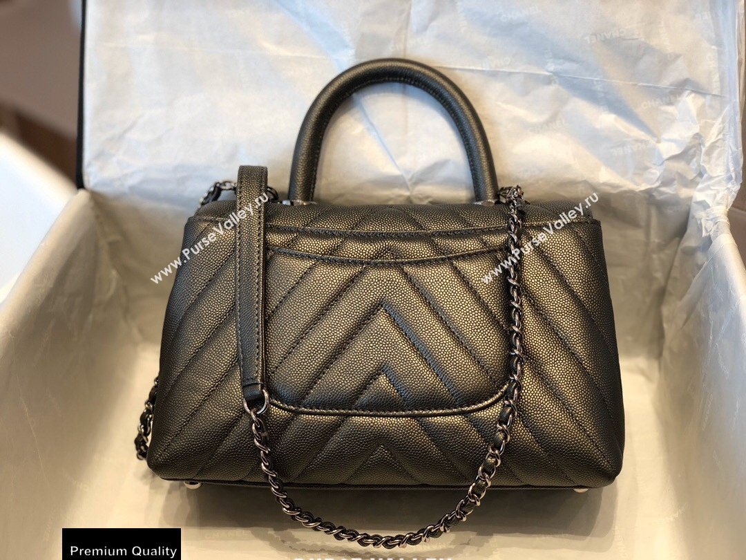 Chanel Caviar Calfskin Coco Handle Chevron Small Flap Bag Pearl Gun Color with Top Handle A92990 7147 (smjd-20092551)