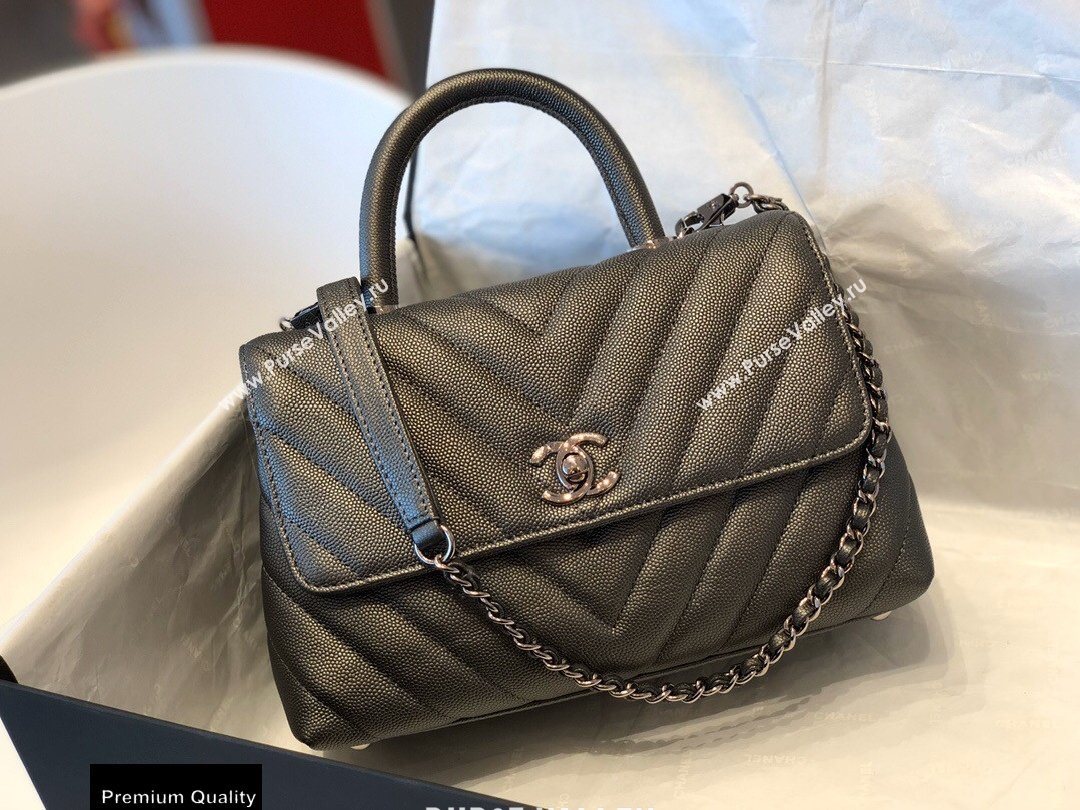 Chanel Caviar Calfskin Coco Handle Chevron Small Flap Bag Pearl Gun Color with Top Handle A92990 7147 (smjd-20092551)