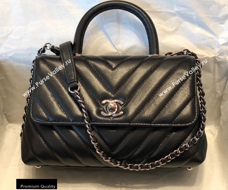 Chanel Caviar Calfskin Coco Handle Chevron Small Flap Bag Black with Top Handle A92990 7147 (smjd-20092548)