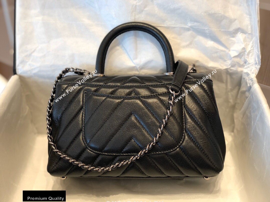 Chanel Caviar Calfskin Coco Handle Chevron Small Flap Bag Black with Top Handle A92990 7147 (smjd-20092548)