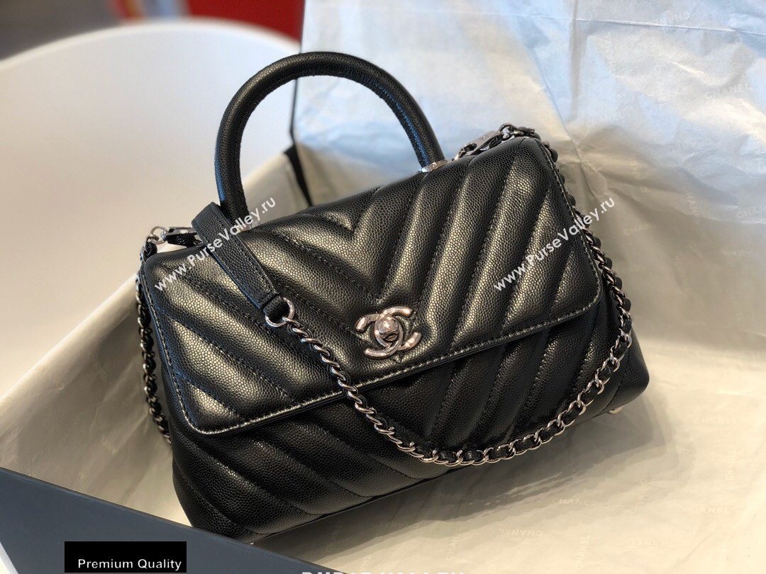 Chanel Caviar Calfskin Coco Handle Chevron Small Flap Bag Black with Top Handle A92990 7147 (smjd-20092548)