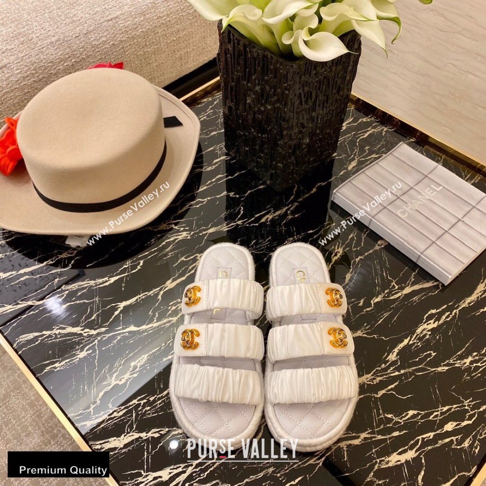 Chanel Top Quality Satin Gold CC Logo Mules Sandals White 2020 (xo-20100909)