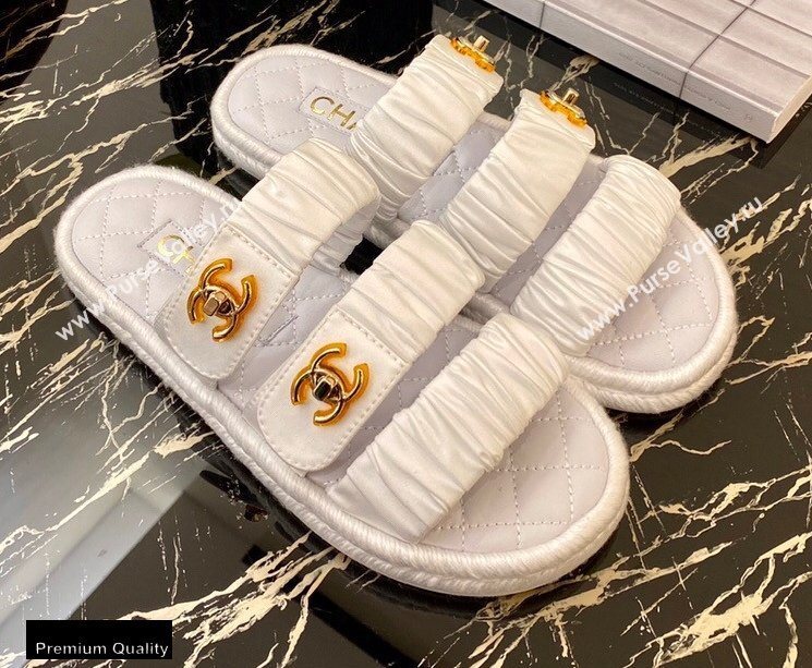 Chanel Top Quality Satin Gold CC Logo Mules Sandals White 2020 (xo-20100909)