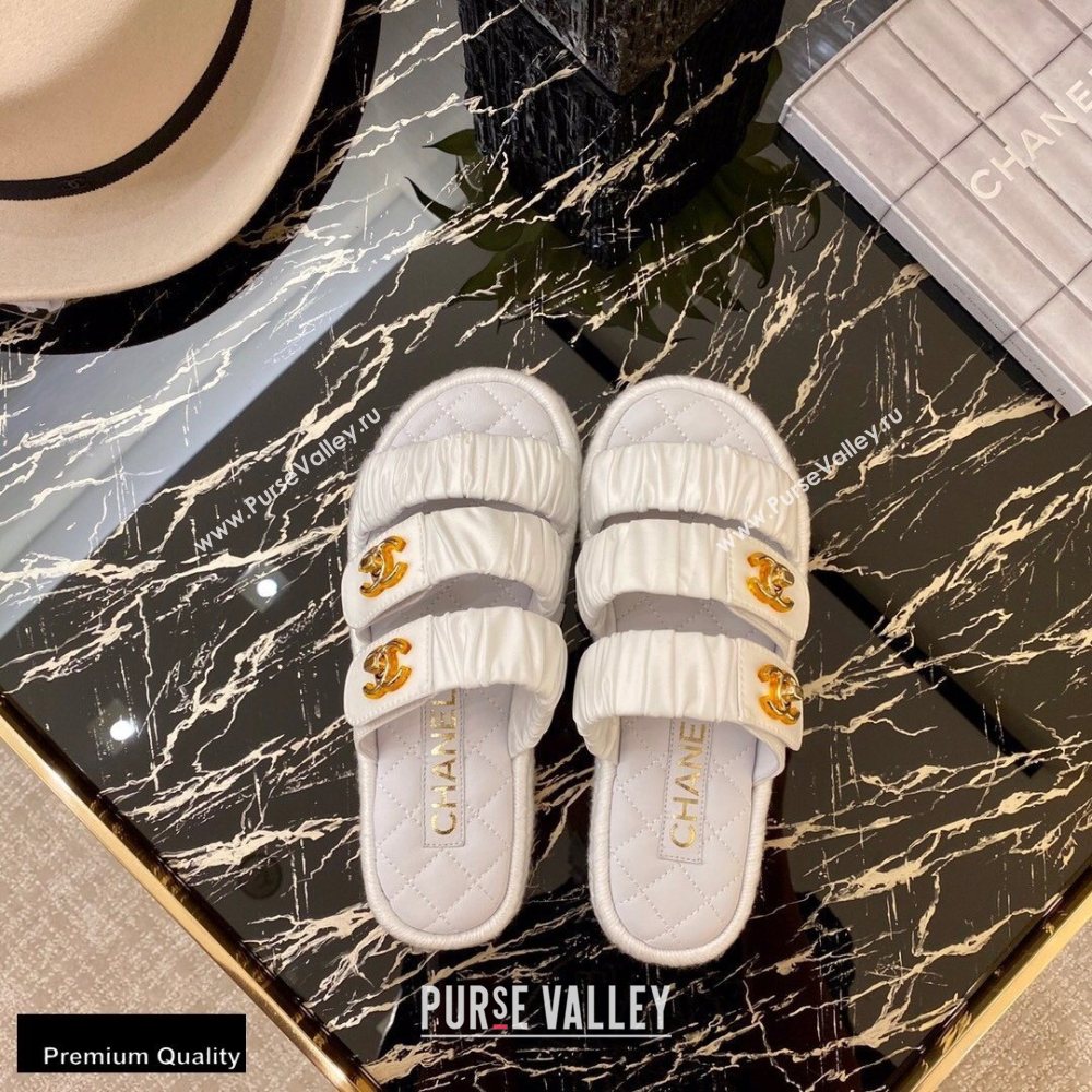 Chanel Top Quality Satin Gold CC Logo Mules Sandals White 2020 (xo-20100909)
