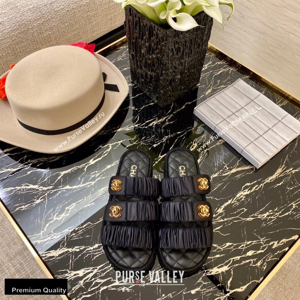 Chanel Top Quality Satin Gold CC Logo Mules Sandals Black 2020 (xo-20100908)