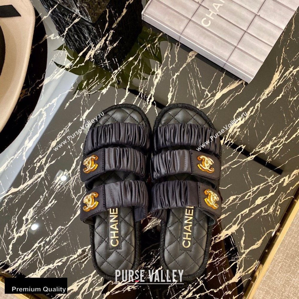 Chanel Top Quality Satin Gold CC Logo Mules Sandals Black 2020 (xo-20100908)