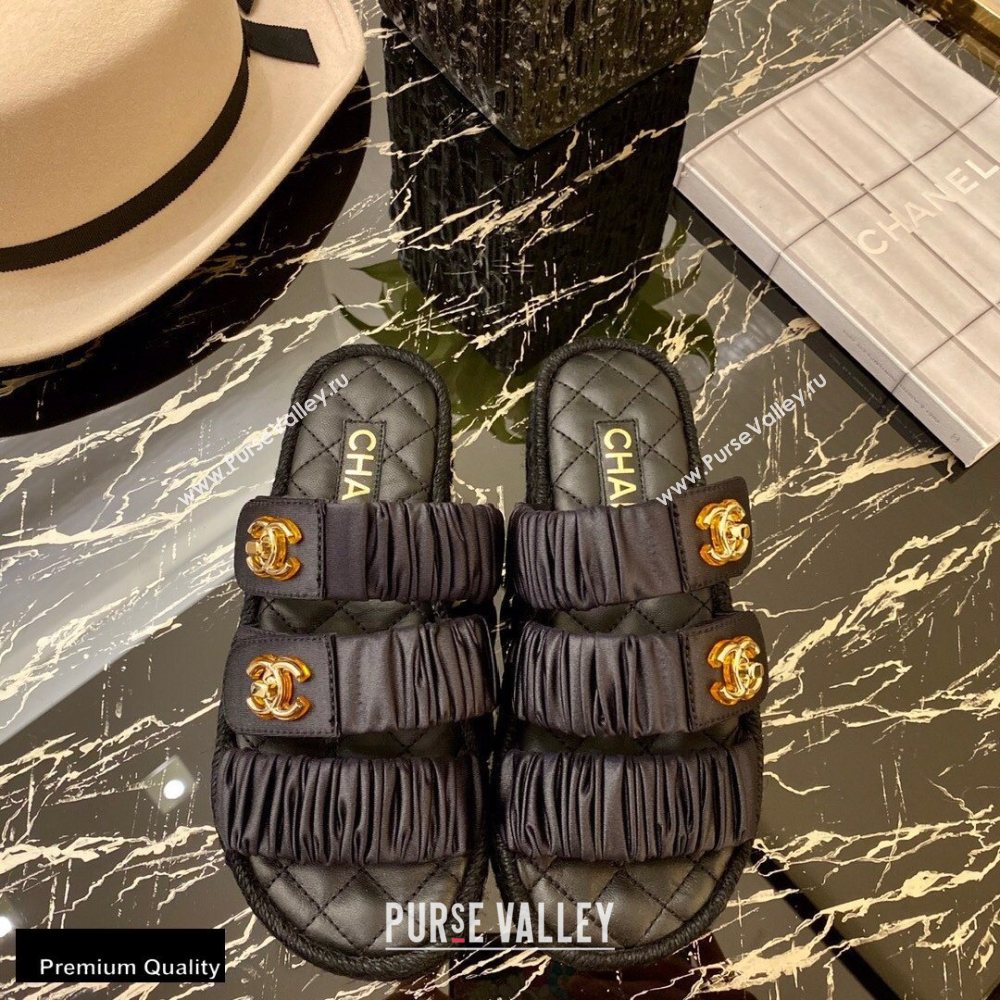 Chanel Top Quality Satin Gold CC Logo Mules Sandals Black 2020 (xo-20100908)