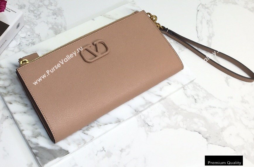 Valentino VSLING Calfskin Pouch Clutch Bag Nude with Wristlet 2020 (liankafo-20101420)