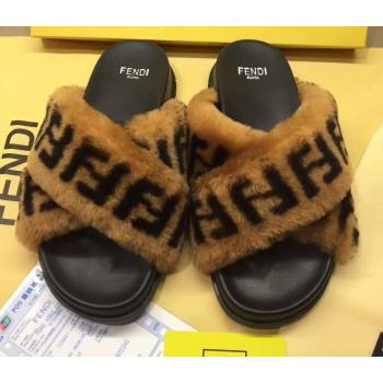 Fendi FF Motif Sheepskin Fur Slides Sandals with Crossed Strap 2020 (modeng-201015)